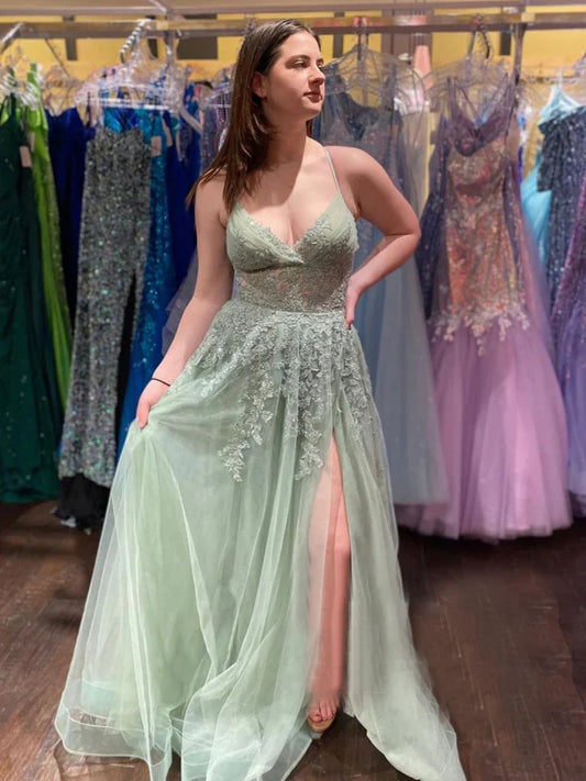 A Line V Neck Backless Sage Lace Long Prom Dresses with High Slit, Sage Lace Formal Dresses, Sage Evening Dresses      S7194