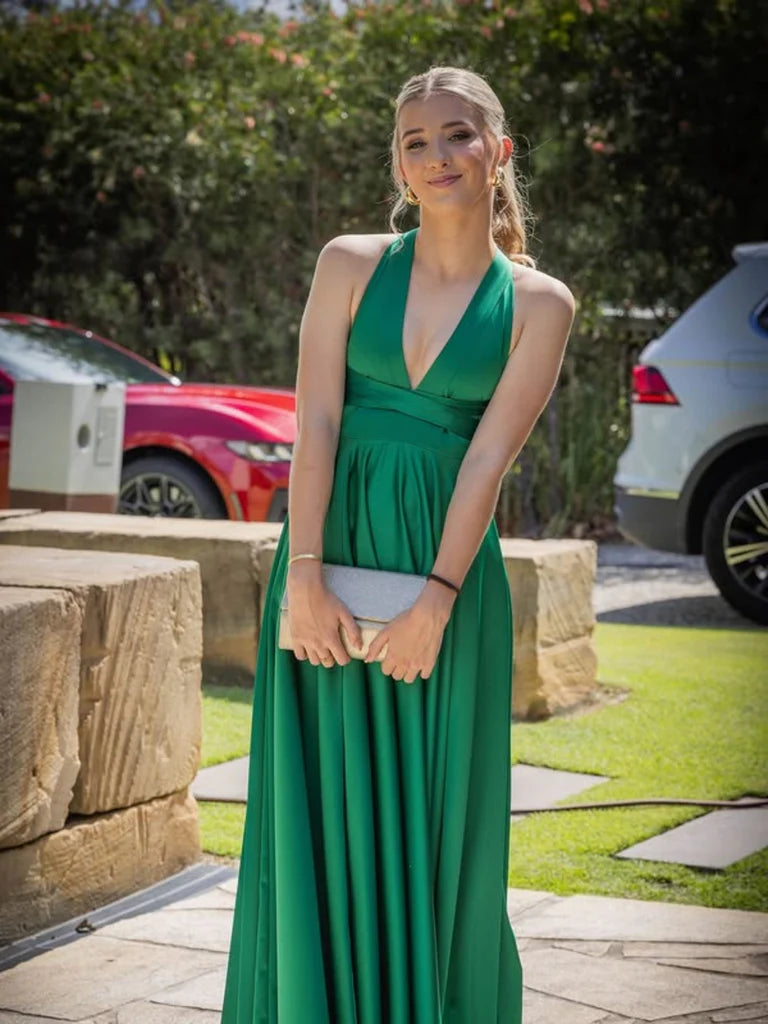 A Line V Neck Open Back Green Satin Long Prom Dresses, Long Green Formal Graduation Evening Dresses    S7196