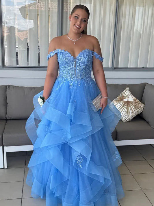 Off the Shoulder Fluffy Light Blue Lace Long Prom Dresses, Light Blue Lace Formal Evening Dresses     S7195