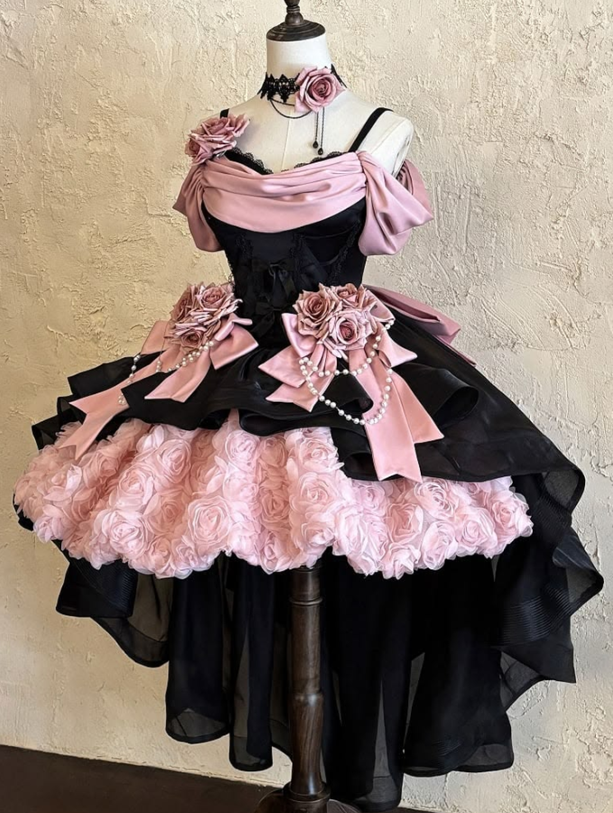 Dreamy Black and Pink Homecoming Dress , Puffy Romantic Floral Decor Corset Short Prom Dress RS1595