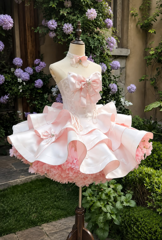 Sweet Pink Homecoming Dress , Pleated Romantic Bow Decor Corset Short Prom Dress RS1596