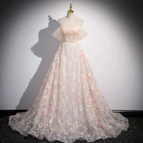 Dreamy Champagne Prom Gown , Applique Glitter Sequins Corset Maxi Birthday Dress RS1582
