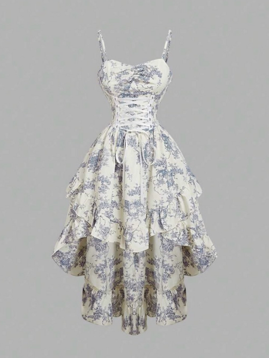 Floral White Homecoming Dress , Printed Patterns Hi-Lo Corset Short Prom Dress Summer Dress RS1598