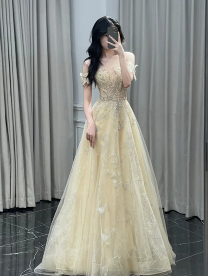 Dreamy Pastel Yellow Prom Gown , Flowy Tulle Embroidered Corset Maxi Birthday Dress RS1583