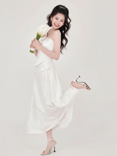 Minimalist White A-Line Strapless Long Women Dress with Bow-knot Evening Dress Professional Dress RS136