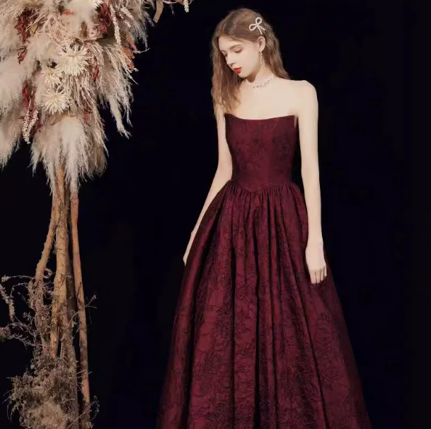 Elegant Burgundy Prom Gown , Satin Floral Pattern Corset Maxi Evening Dress RS1585