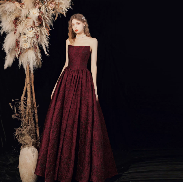 Elegant Burgundy Prom Gown , Satin Floral Pattern Corset Maxi Evening Dress RS1585