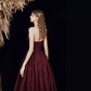 Elegant Burgundy Prom Gown , Satin Floral Pattern Corset Maxi Evening Dress RS1585