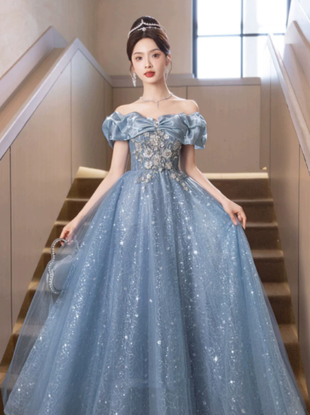 Sparkly Baby Blue Prom Gown , Tulle Glitter Applique Corset Maxi Evening Dress RS1586