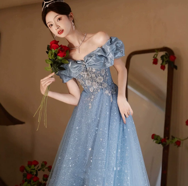 Sparkly Baby Blue Prom Gown , Tulle Glitter Applique Corset Maxi Evening Dress RS1586