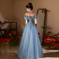 Sparkly Baby Blue Prom Gown , Tulle Glitter Applique Corset Maxi Evening Dress RS1586