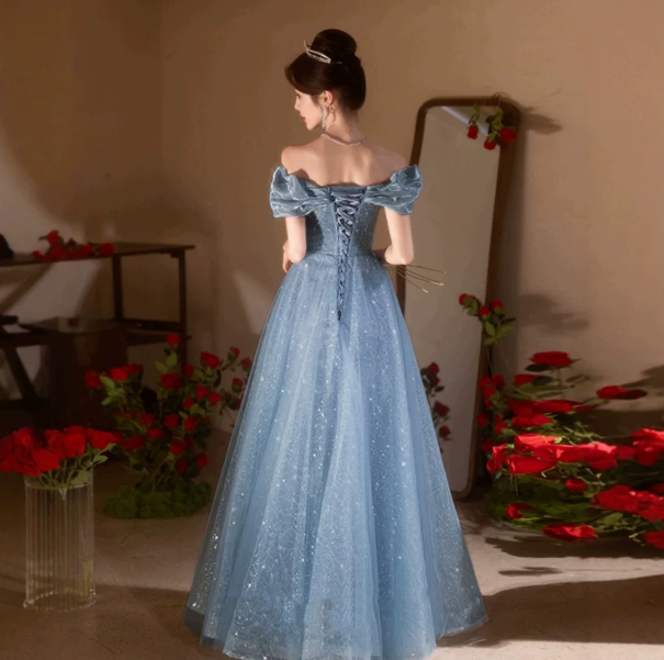 Sparkly Baby Blue Prom Gown , Tulle Glitter Applique Corset Maxi Evening Dress RS1586