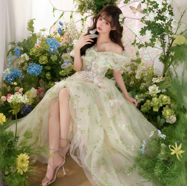 Gentle Soft Green Prom Gown , Floral Tulle Dreamy Corset Maxi Birthday Dress RS1588