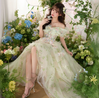 Gentle Soft Green Prom Gown , Floral Tulle Dreamy Corset Maxi Birthday Dress RS1588