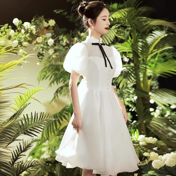 Minimalist White Homecoming Dress , Puff Sleeves Elegant Corset Short Prom Dress RS1599