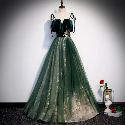 Gorgeous Bud Green Prom Gown , Tulle Embroidered Dreamy Corset Maxi Evening Dress RS1589
