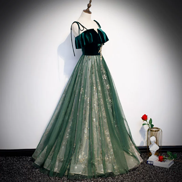 Gorgeous Bud Green Prom Gown , Tulle Embroidered Dreamy Corset Maxi Evening Dress RS1589
