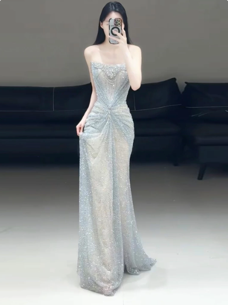 Elegant Light Blue Mermaid Strapless Long Women Dress with Beaded Evening Dress Prom Dress RS137