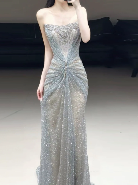 Elegant Light Blue Mermaid Strapless Long Women Dress with Beaded Evening Dress Prom Dress RS137