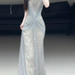 Elegant Light Blue Mermaid Strapless Long Women Dress with Beaded Evening Dress Prom Dress RS137