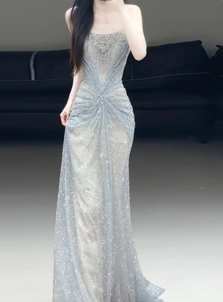 Elegant Light Blue Mermaid Strapless Long Women Dress with Beaded Evening Dress Prom Dress RS137