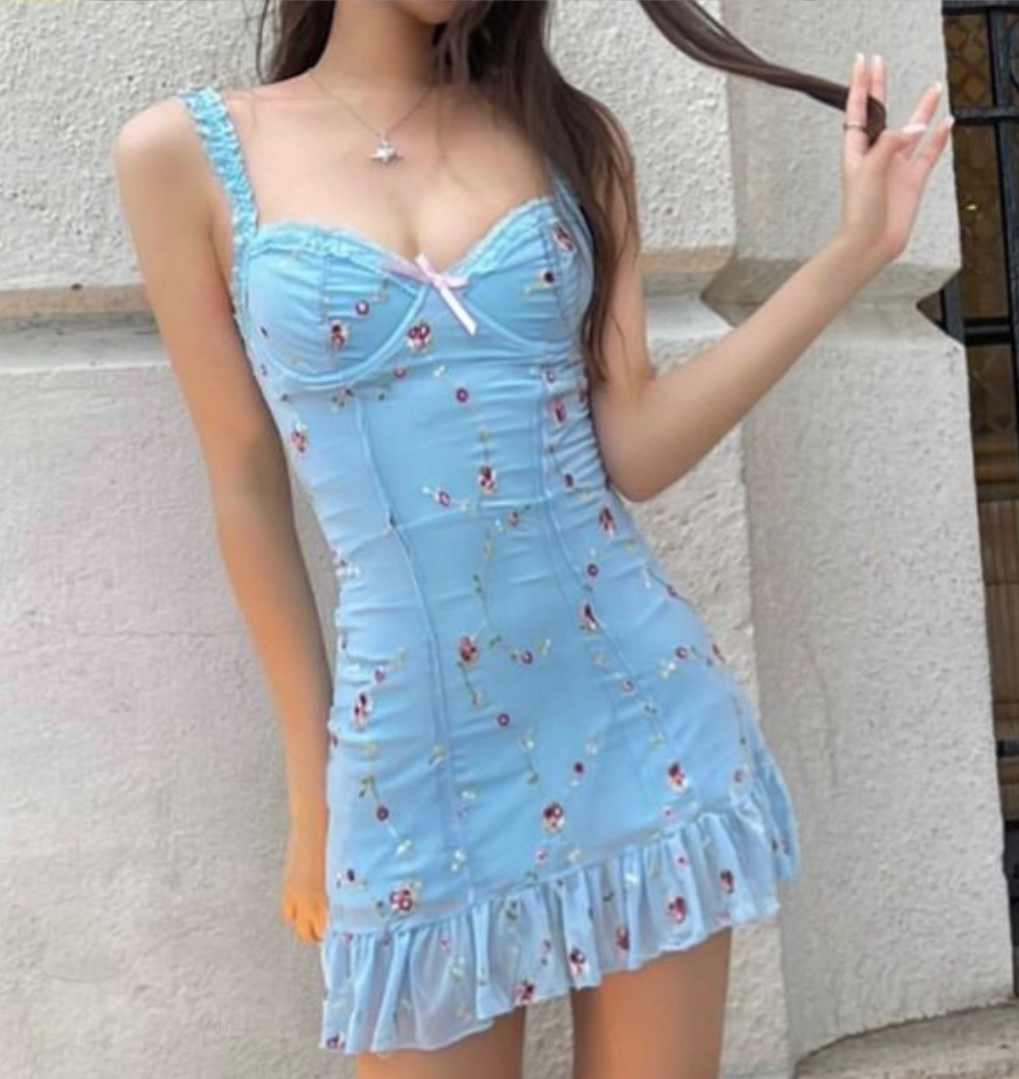 Blue floral halter waist slim short skirt homecoming dress R3059