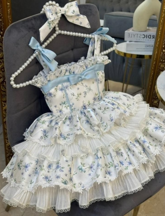 Cute Floral Homecoming Dress , CottageCore Ruffled Chiffon Corset Short Prom Dress RS1609