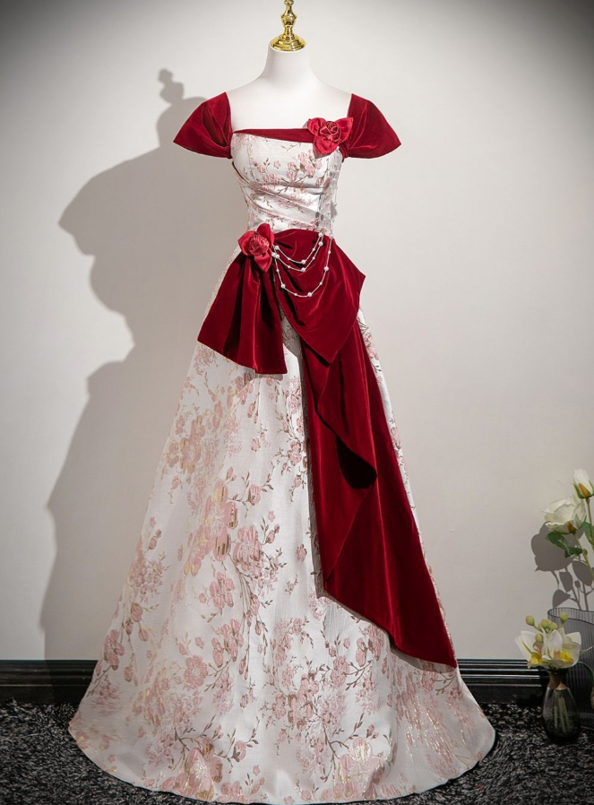 Sparkly Contrast Prom Gown , Floral Patterns Beading Romantic Corset Maxi Evening Dress RS1611