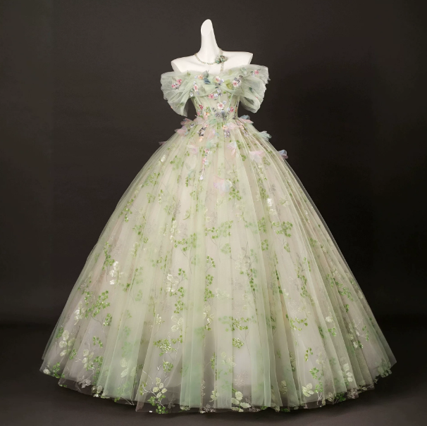 Fresh Soft Green Prom Gown , Floral Tulle Romantic Corset Maxi Evening Dress Celebrity Dress RS1612