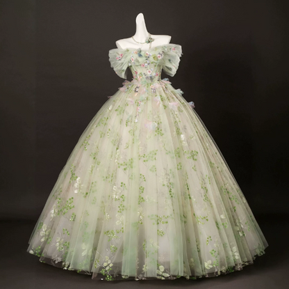 Fresh Soft Green Prom Gown , Floral Tulle Romantic Corset Maxi Evening Dress Celebrity Dress RS1612