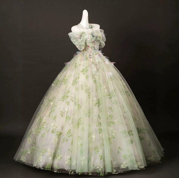 Fresh Soft Green Prom Gown , Floral Tulle Romantic Corset Maxi Evening Dress Celebrity Dress RS1612