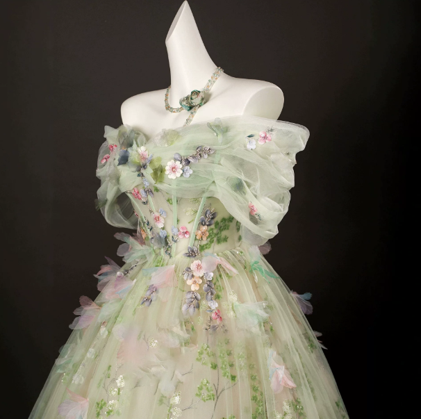Fresh Soft Green Prom Gown , Floral Tulle Romantic Corset Maxi Evening Dress Celebrity Dress RS1612