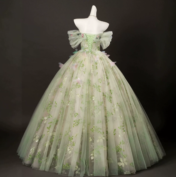 Fresh Soft Green Prom Gown , Floral Tulle Romantic Corset Maxi Evening Dress Celebrity Dress RS1612