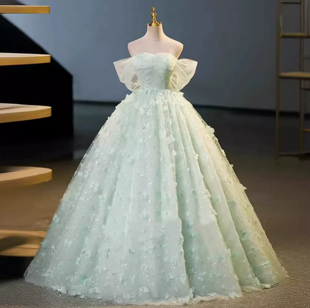 Fresh Mint Green Prom Gown , Floral Tulle Corset Maxi Evening Dress Quinceanera Dress RS1613