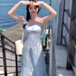 Blue gradient long floral one-shoulder waist suspender dress summer temperament skirt R4904