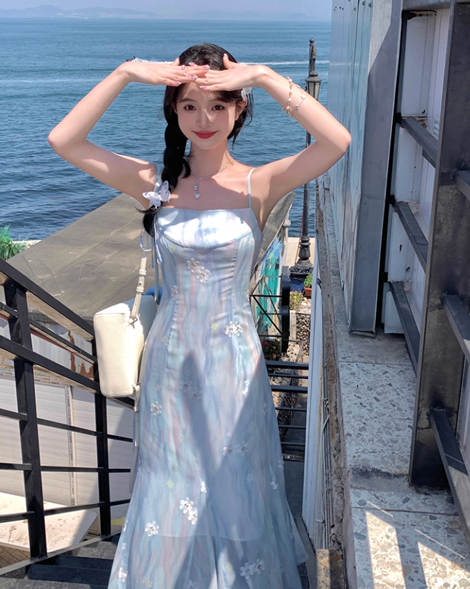 Blue gradient long floral one-shoulder waist suspender dress summer temperament skirt R4904