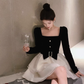 Birthday dress high-end Hepburn style dress high-end niche toast dress square collar dress R1798