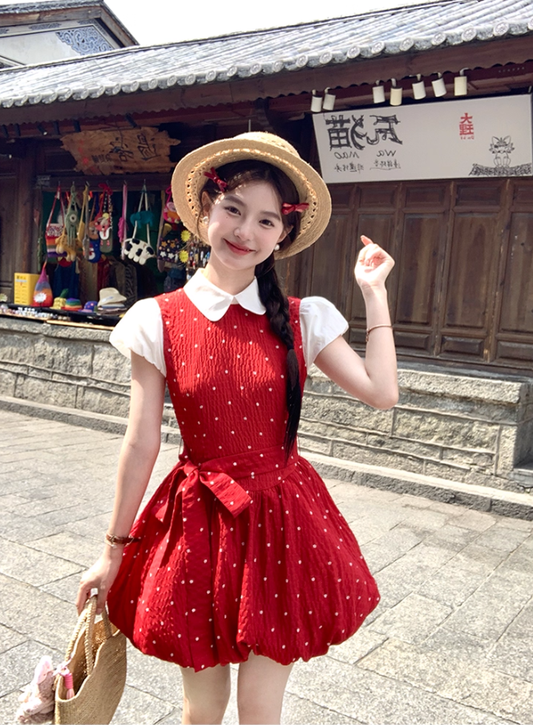 Red doll collar polka dot short-sleeved dress women's summer temperament skirt R4620