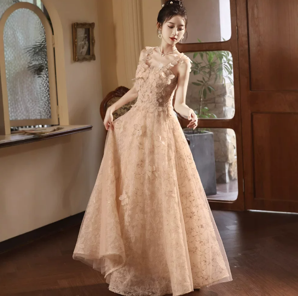 Elegant Champagne Prom Gown , Floral Tulle Corset Maxi Evening Dress Celebrity Dress RS1614