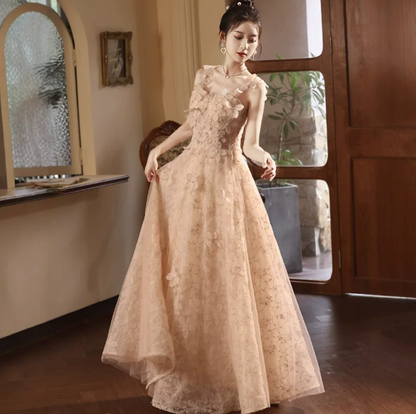 Elegant Champagne Prom Gown , Floral Tulle Corset Maxi Evening Dress Celebrity Dress RS1614