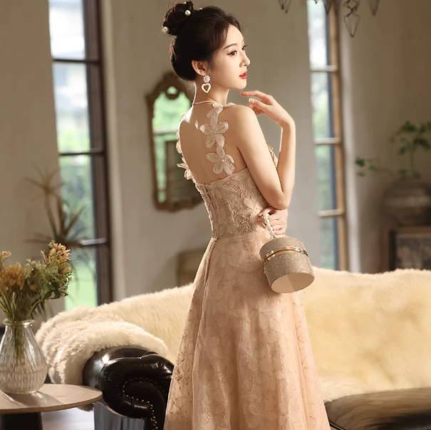 Elegant Champagne Prom Gown , Floral Tulle Corset Maxi Evening Dress Celebrity Dress RS1614