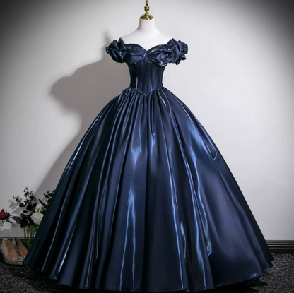 Elegant Navy Prom Gown , Silky Satin Corset Maxi Evening Dress Celebrity Dress RS1615