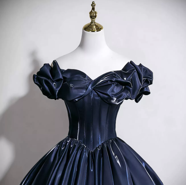 Elegant Navy Prom Gown , Silky Satin Corset Maxi Evening Dress Celebrity Dress RS1615