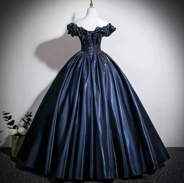 Elegant Navy Prom Gown , Silky Satin Corset Maxi Evening Dress Celebrity Dress RS1615
