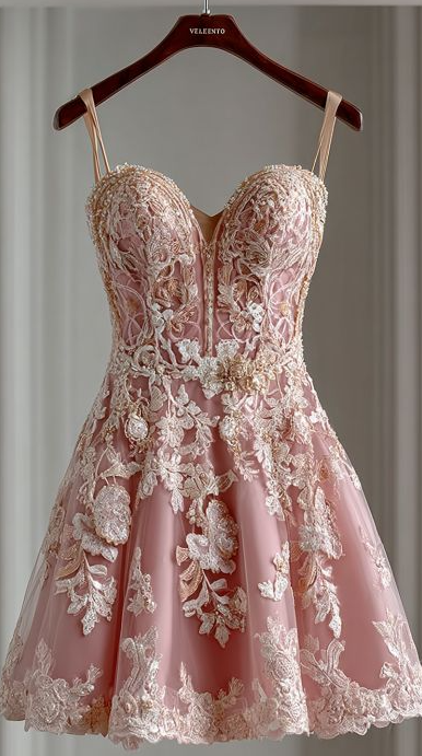 Charming Pink Homecoming Dress , Silky Lace Embroidered Corset Mini Birthday Dress Cami Dress RS1617