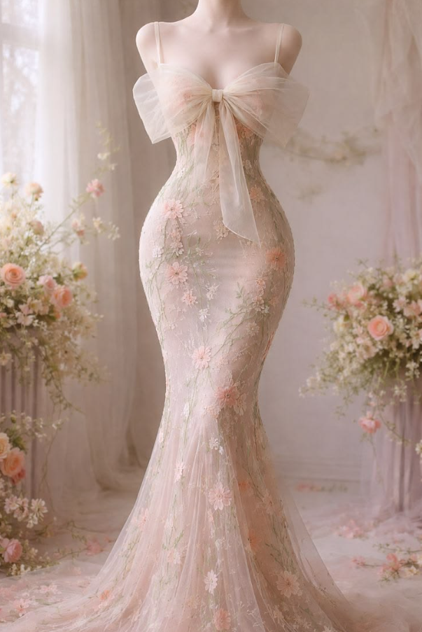 Dreamy Pink Prom Gown , Tulle Floral Bodycon Maxi Evening Dress Celebrity Dress RS1624