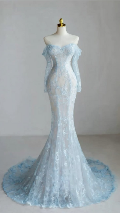 Dreamy Pale Blue Prom Gown , Tulle Floral Elegant Bodycon Maxi Evening Dress Celebrity Dress RS1625