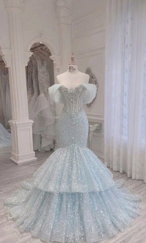 Dreamy Pale Blue Prom Gown , Tulle Floral Elegant Bodycon Maxi Evening Dress Celebrity Dress RS1625