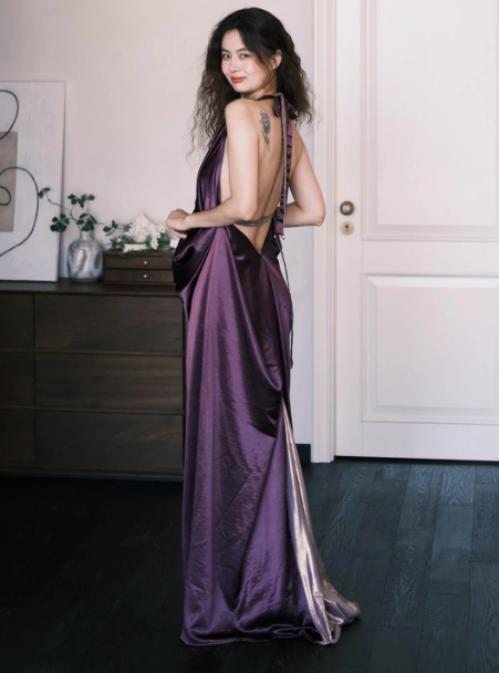 Sexy Purple Halter Long Women Dress with High-slit Casual Dress RS139