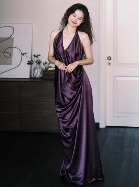 Sexy Purple Halter Long Women Dress with High-slit Casual Dress RS139